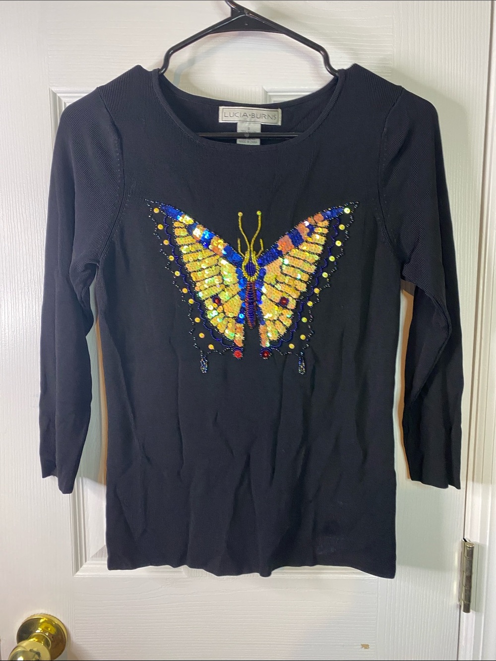 Lucia Burns Black Sequin Butterfly Long Sleeve Top Size Small.